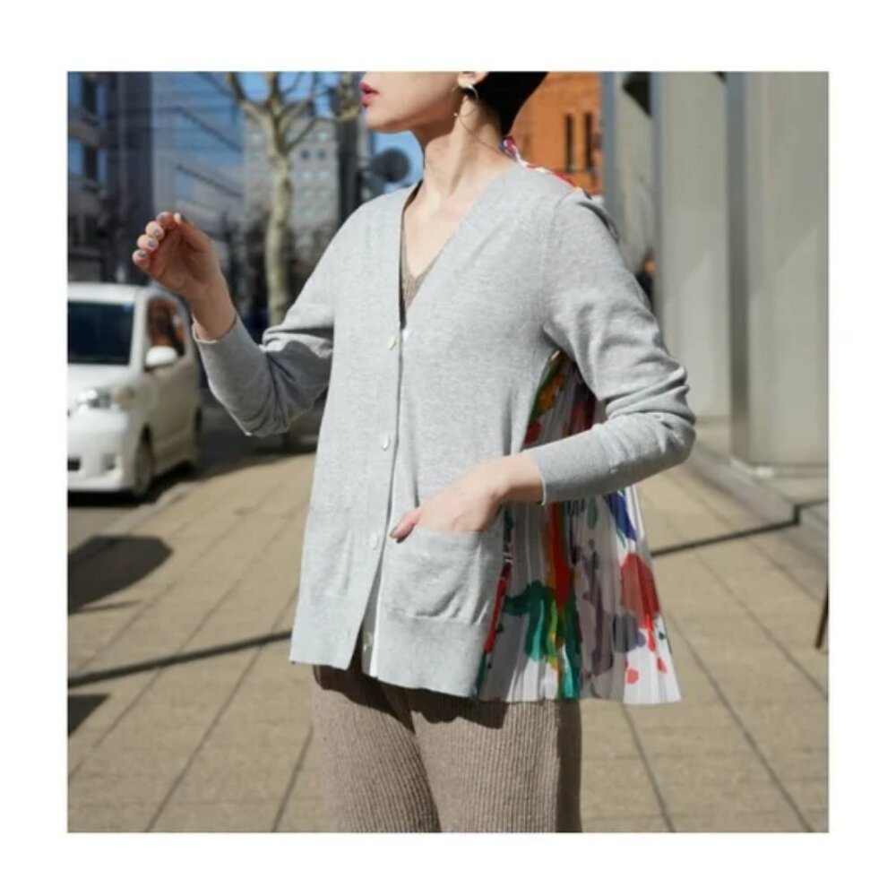 Women Sacai White Multicolor Floral Mixed Media Knit V-Neck Cardigan Sweater L - Picture 2 of 14